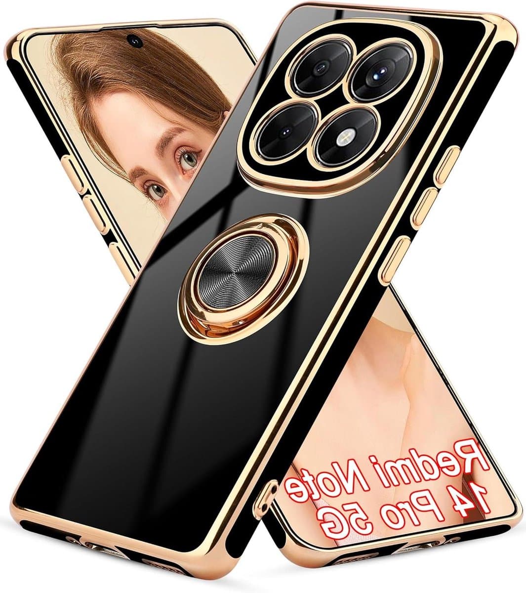 Allecta - Luxe zwarte/gouden hoes met draaibare ring en magneetstandaard voor Redmi Note 14 Pro 5G