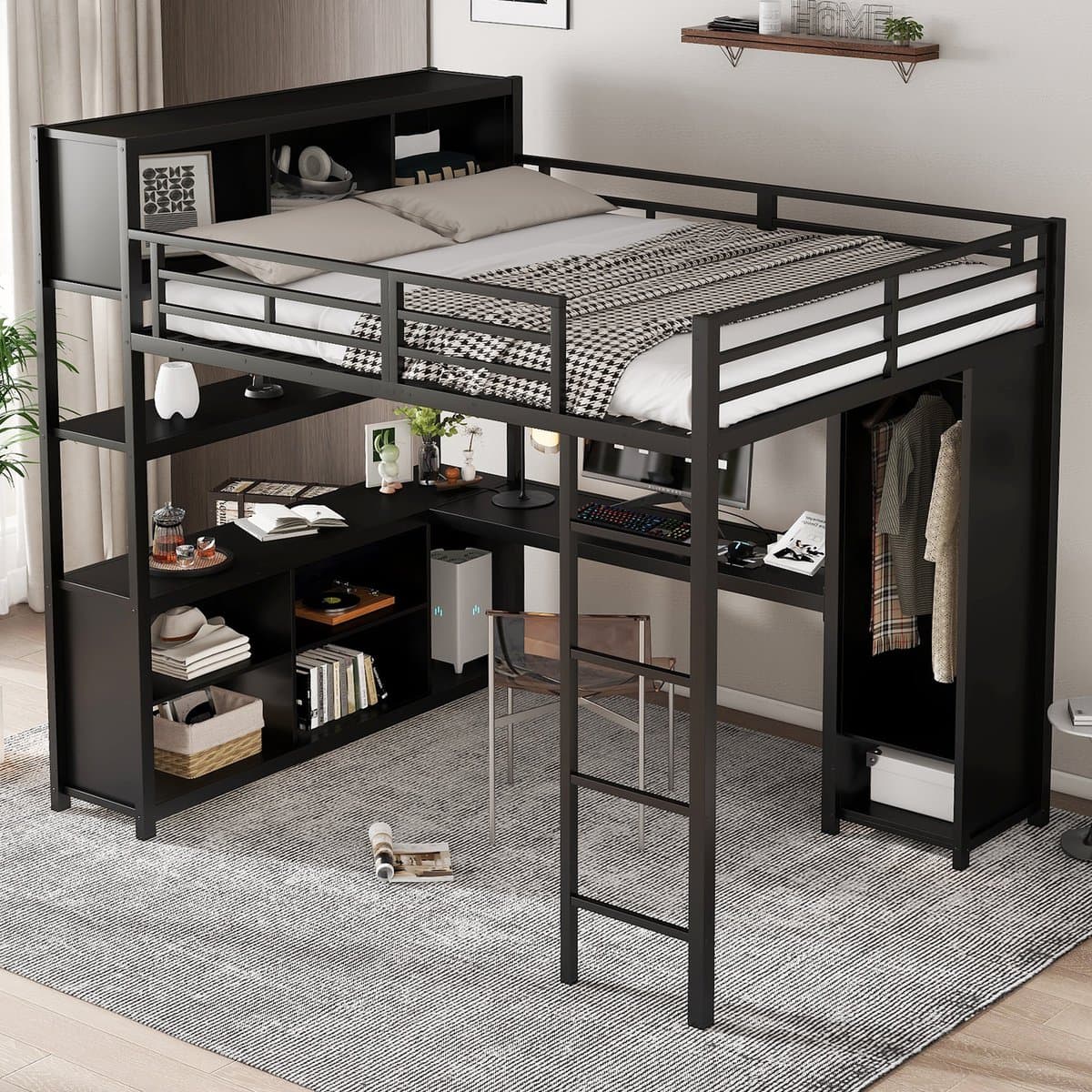 MODFU - Hoogslaper - Opbergruimte En Kledingkast - Modern - Voor Slaapkamer - Metaal En Hout - Zwart - 140x200 Cm