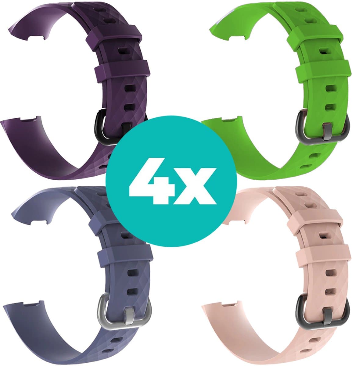 Siliconen bandjes geschikt voor Fitbit Charge 4 bandje - Bundel van 4 bandjes - Sport bandje Geschikt voor Fitbit Charge 3 bandje - Set bandjes 4x Paars - Grijsblauw - Lichtroze - Groen - Maat S/M (Small)