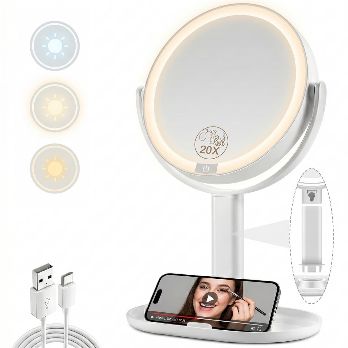 Fokelyi Make Up Spiegel met LED Verlichting - 20x Vergroting - Scheerspiegel - 3 Lichtstanden - Oplaadbaar - Vergroting 20x - 7 Inch - Draaibaar - USB - Wit