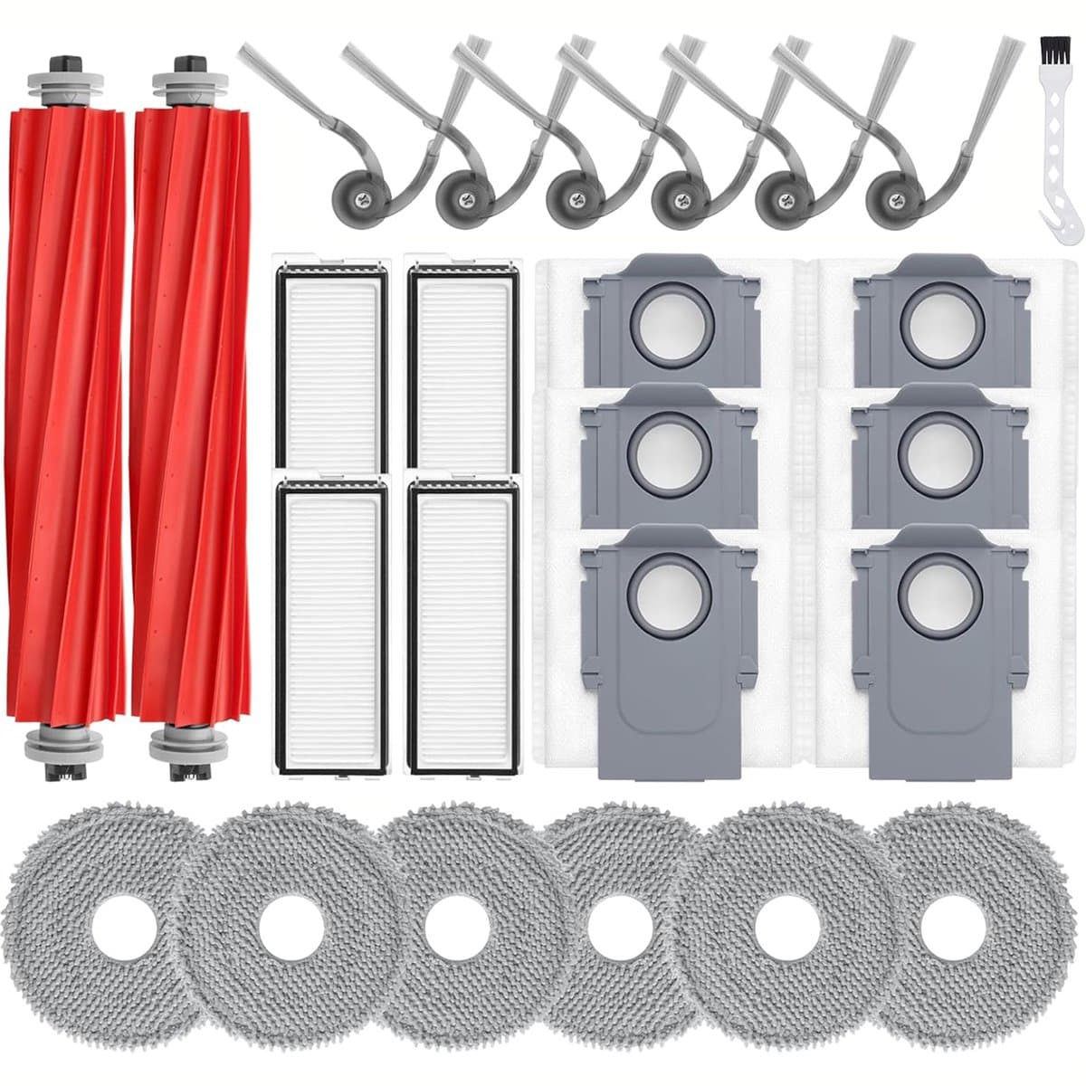 25 delig accessoires set – compatibel met Roborock Qrevo Serie – QV35A / QV35S – met 2 hoofdborstels, 6 zijborstels, 4 HEPA filters, 6 zakken, 6 dweilpads + reinigingsborstel