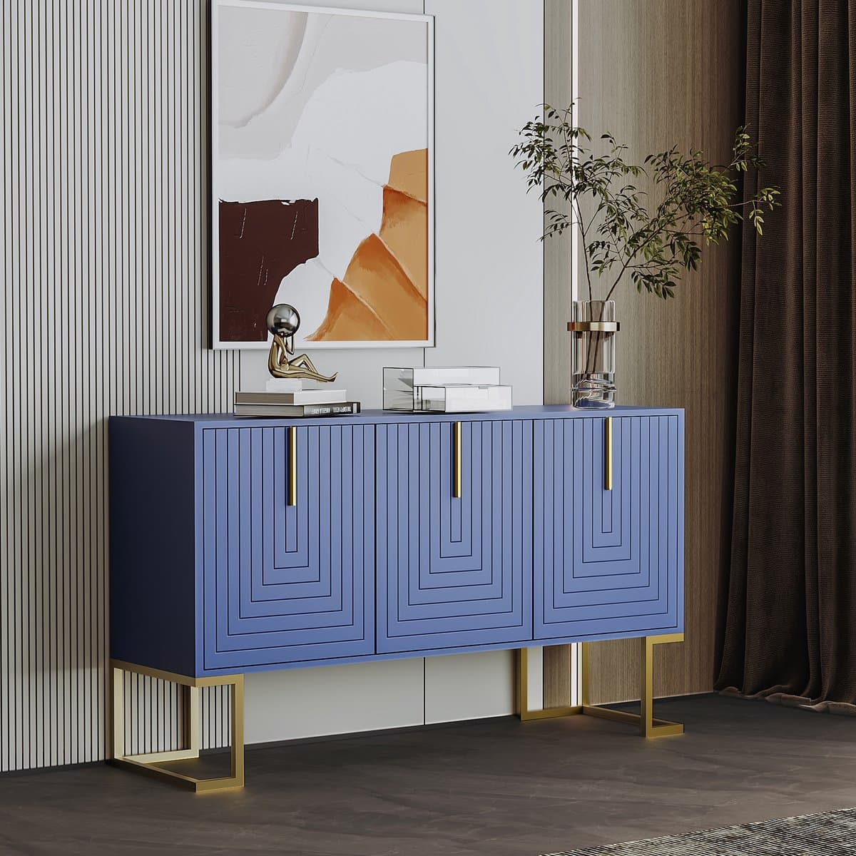 BLACKCOLORS Modern 3-deurs sideboard met verstelbare planken, U-vormige kastdeuren en metalen handgrepen en sokkel voor eetkamer en keuken (Marineblauw)