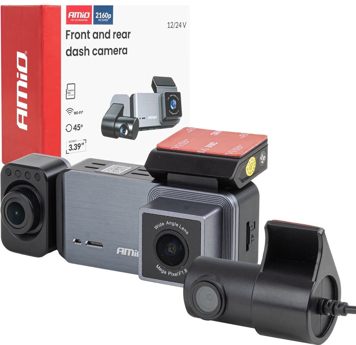 AMiO Dashcam 4K + 2K + 1K WLAN – Triple Camera Auto Camera UHD WiFi 512GB Ondersteuning – Voor, Achter en Interieur Opname 3.39” Display G Sensor Parking Mode