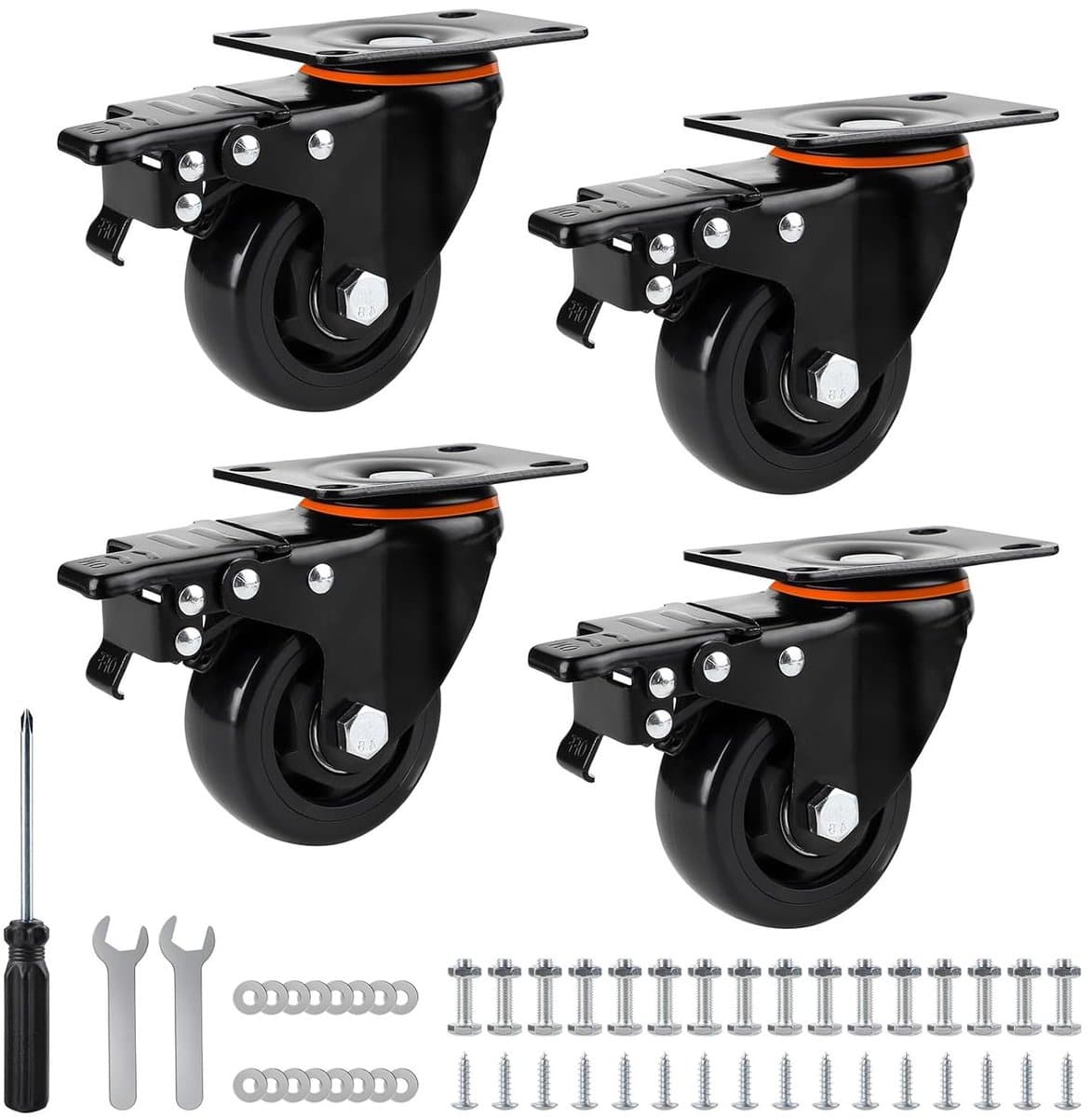 Set van 4 Zwenkwielen met Rem, 75 mm, Voor Meubels, Zware Polyurethaan Wielen, 360 Graden Draaiend, Geschikt voor Strandstoelen, Tot 480 kg Draagvermogen