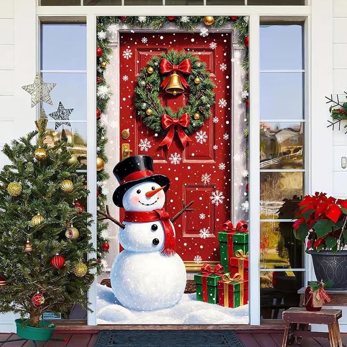 Dailygoods- Deurbekleding Kerst Sneeuwman 180x90cm - Ophangende Banner - Kerstdecoratie - Achtergrond - Voordeur Decoratie - Polyester Materiaal