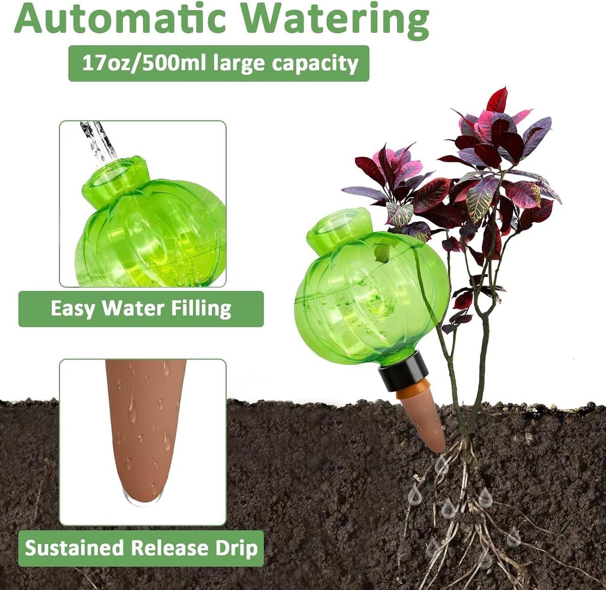 Set van 3 Irrigatieballen, 500 ml Pompoenontwerp, Automatische Plantenbewatering met Klei Cone, Waterdispenser voor Binnenplanten, Balkon en Tuin, Ideaal voor Groene Planten en Tuinonderhoud