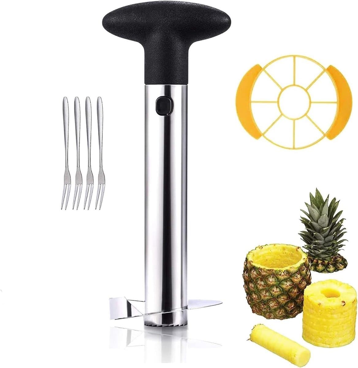 Ananas Snijder Set van RVS met Pitter en 4 Fruitvorken voor Perfecte Ananasplakken, Ananasbowl en Ananasstukjes