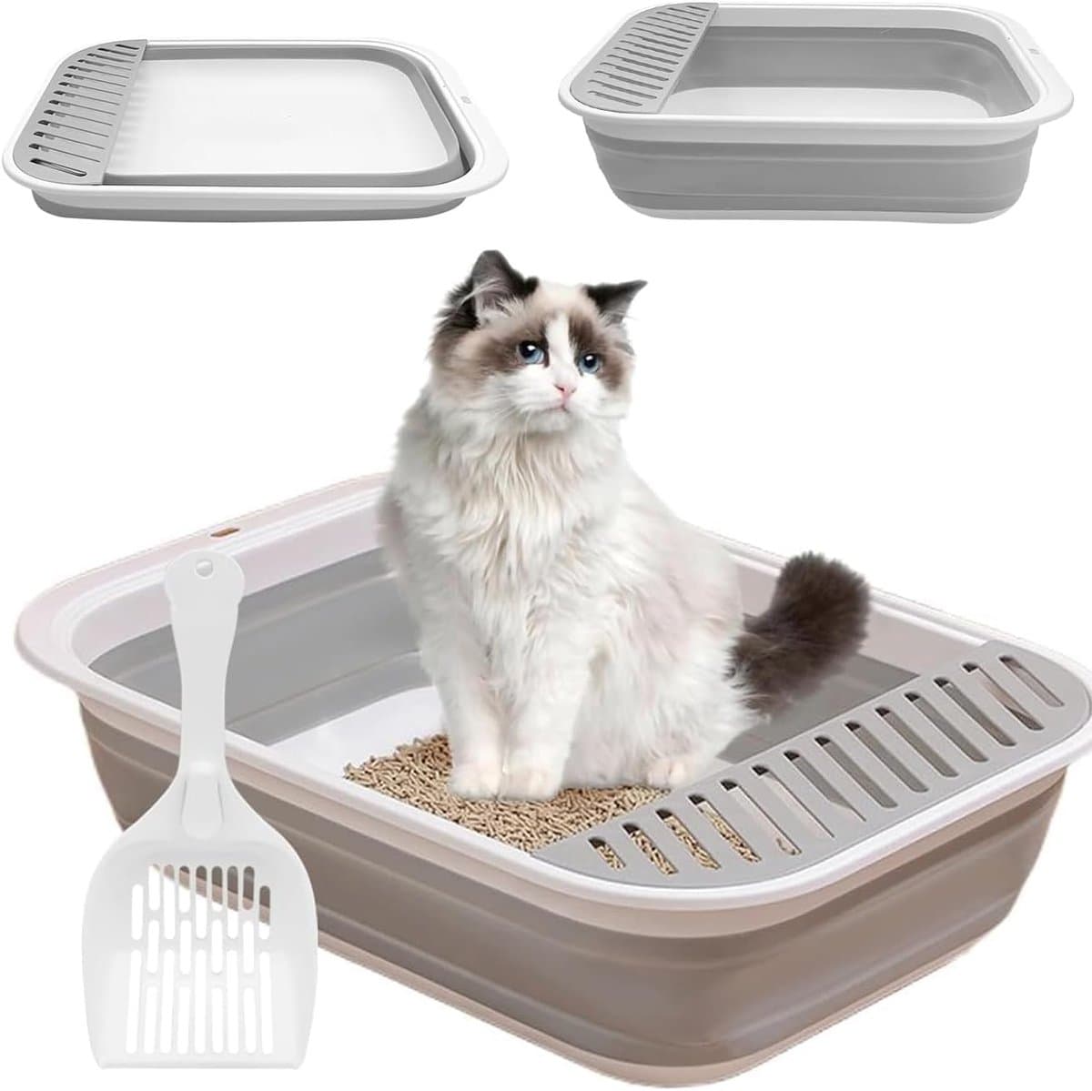 SnelShoppen - Litter Box met Schep voor Oudere Katten - Laag Open Kattenbak met Vouwfunctie, Reis Toilet met Valpedaal voor Zand - 53 x 40 x 13.5 cm