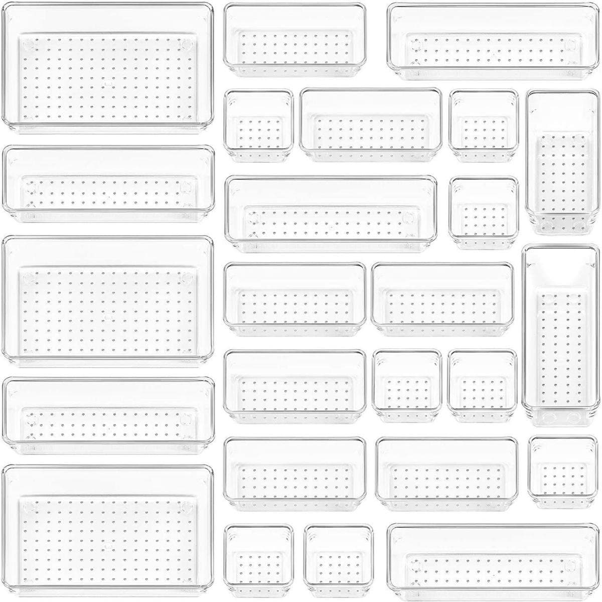 GELLDG Opbergdozen - Opbergdozen voor de kaptafel - Transparante lade-opbergdozen - Inclusief 4 maten opbergdozen voor de kaptafel - Antislip transparante cosmetische opbergdozen - Geschikt voor badkamers, kaptafels. - Set van 25 stuks