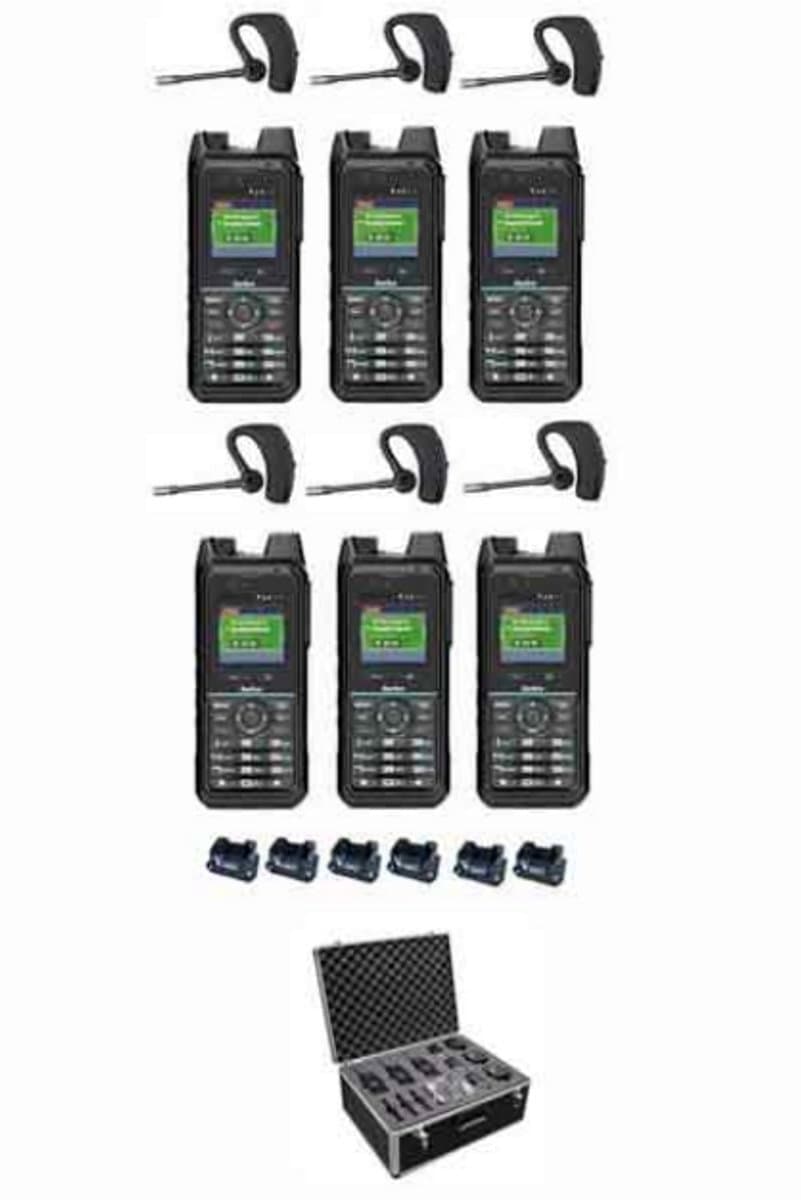 Set van 6 Inrico T330 4G LTE Zello Smart Portofoon IP68 met tafellader Bluetooth oortje en koffer