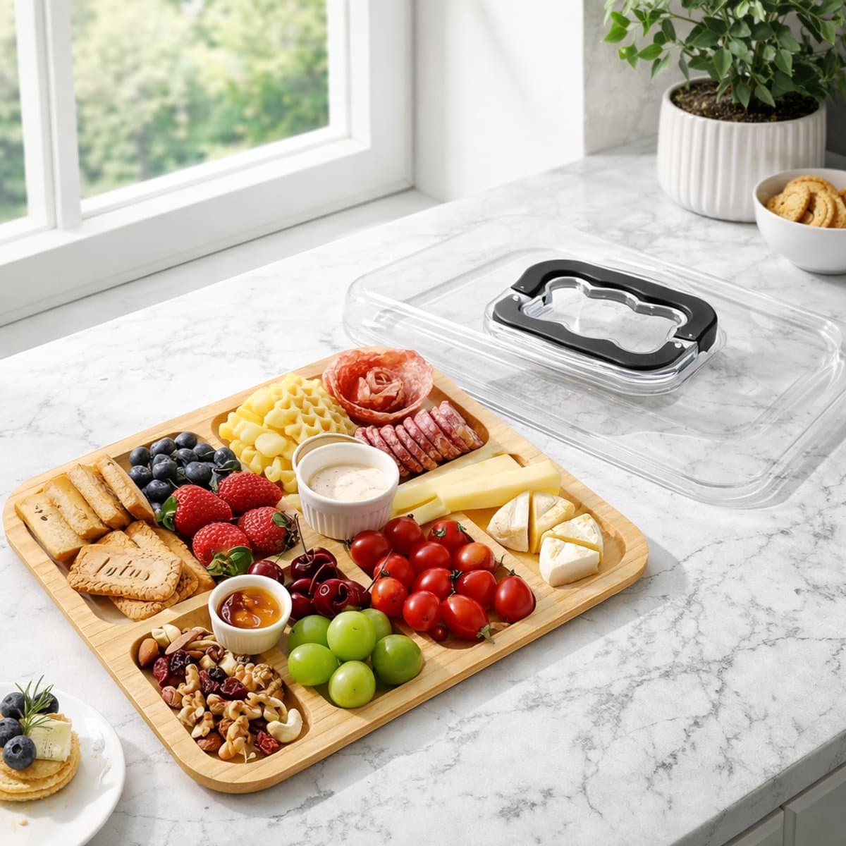 2-delige Bamboe Charcuterieplank met Transparant Acryldeksel en Handgreep – Draagbare Snack & Tapas Serveerschaal met Compartimenten