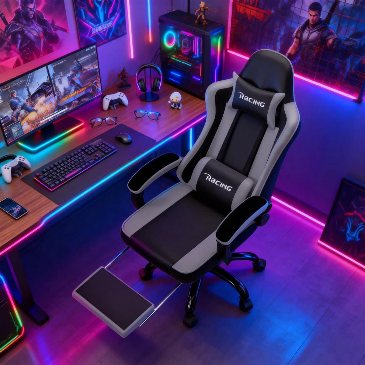 Elekiatech Gaming Stoel - Gamestoel mit 90°-170° Rugleuning - Gaming Chair met Inklapbare Voetensteun - Game Stoel met Zachte Armleuningen - Max. Draagvermogen 150 kg