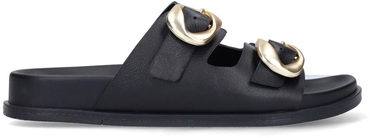 Manfield - Dames - Zwarte leren sandalen met gesp - Maat 42