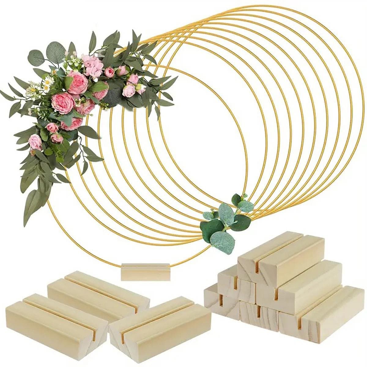 TuseRxln Metale Ring - Houten Standaard - 30 cm Diameter - 5 Stuks - Goud