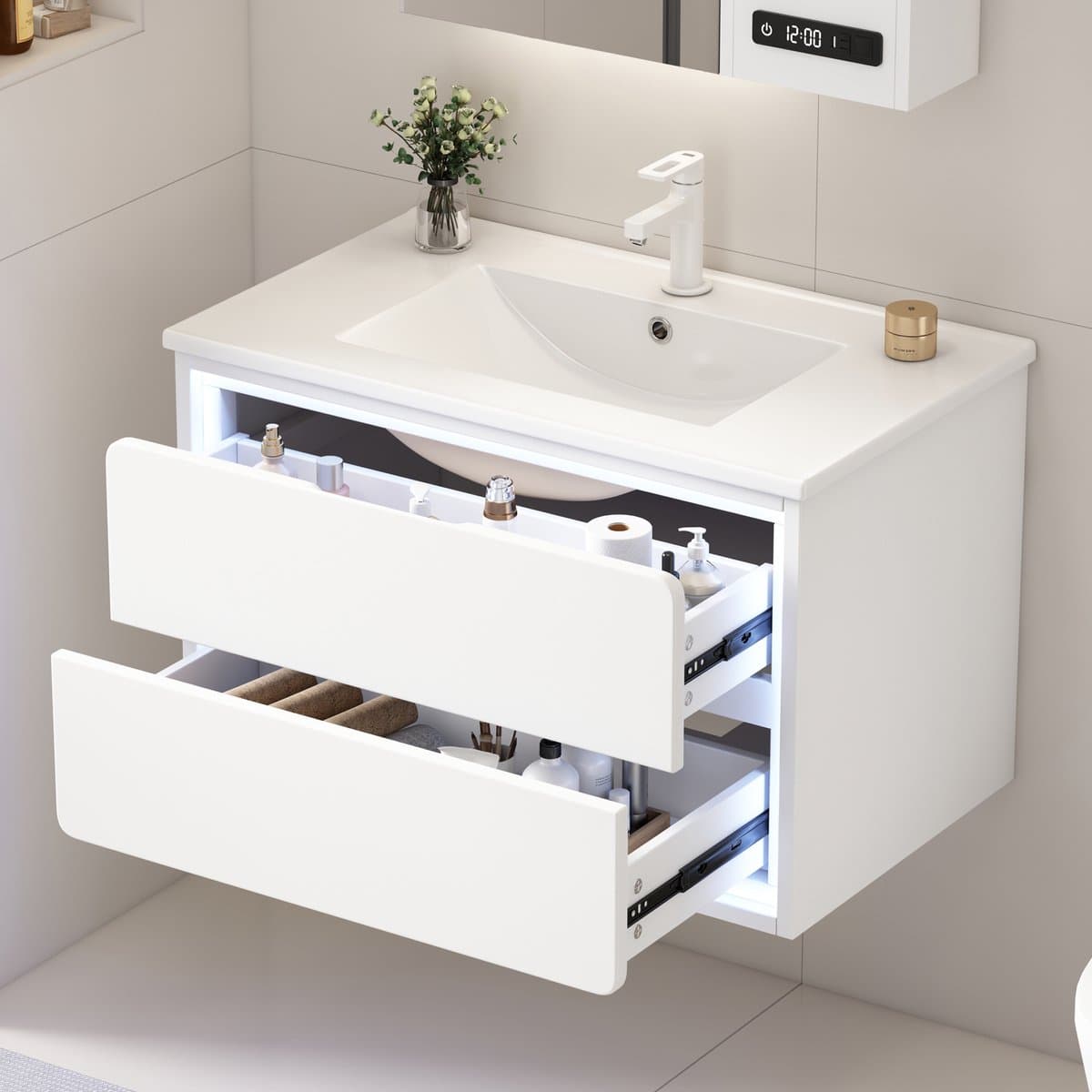 MODFU Wandhangend Badmeubel Met Wastafel - LED-Radarsensorverlichting - Modern - Badkamer - MDF En Keramiek - Wit - 76 x 46 x 48,5 cm