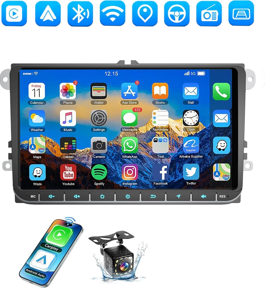ESSGOO Autoradio Geschikt voor Volkswagen Golf 5 6 Polo 6R Jetta Caddy EOS Touran- Android 15 - 9" HD Touchscreen - Draadloos Apple CarPlay & Android Auto - 12LEDs Achteruitrijcamera