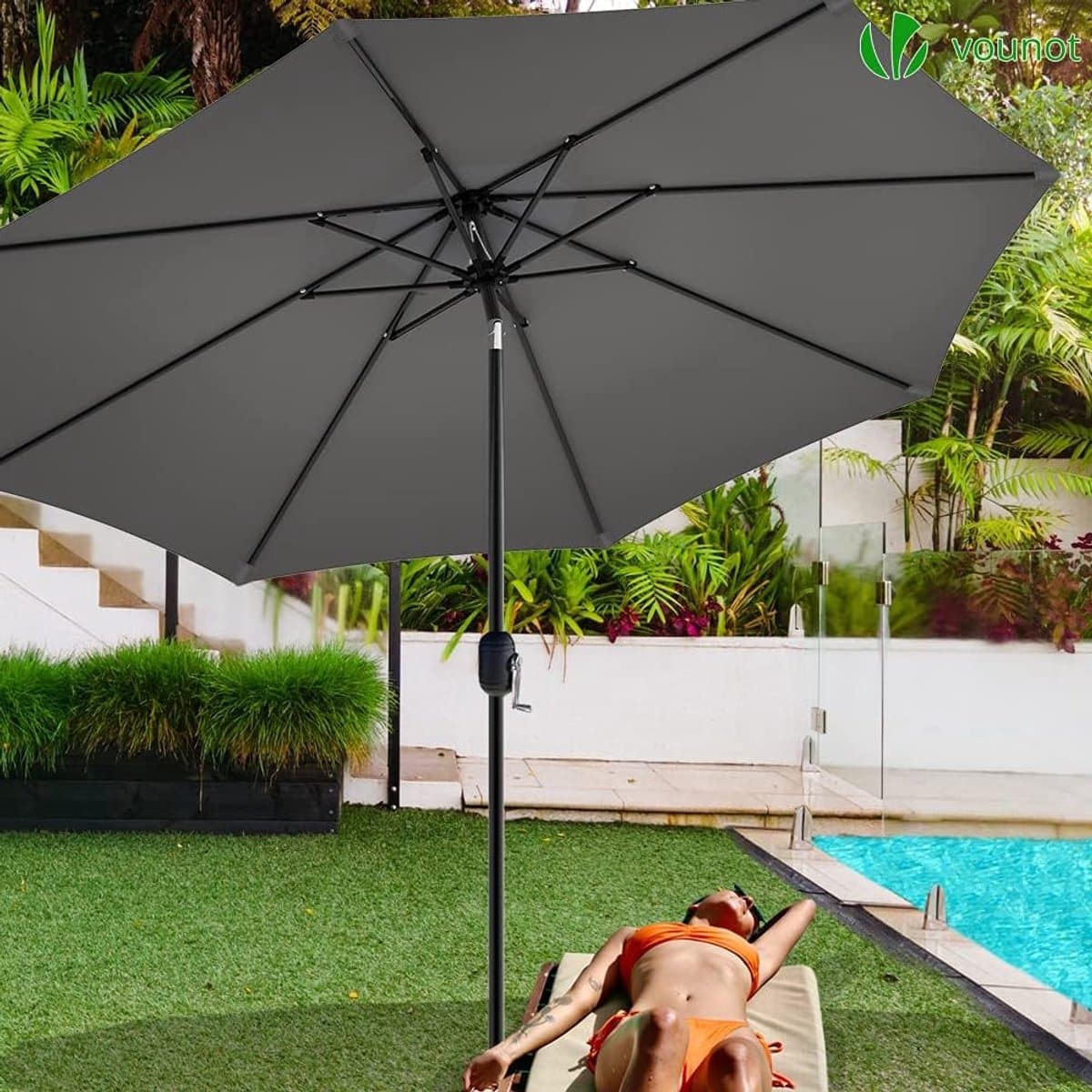 Parasol 270 cm Kantelbaar met Zwengel & Beschermhoes – Rechthoekige Tuinparasol met UV-bescherming voor Balkon, Terras & Tuin – Aluminium Frame – Grijs – Abkantoor