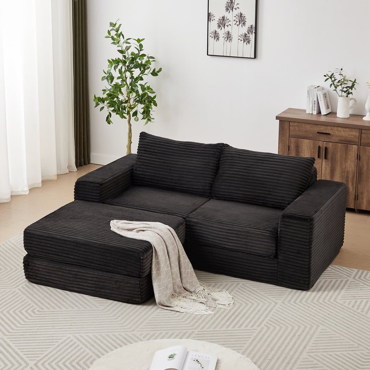 HAUSS SPOLE Slaapbank - Modulair Sofa Met Verplaatsbare Voetenbank - Om Te Vormen Tot Bed Of Chaise Longue - Cordstof - Zwart