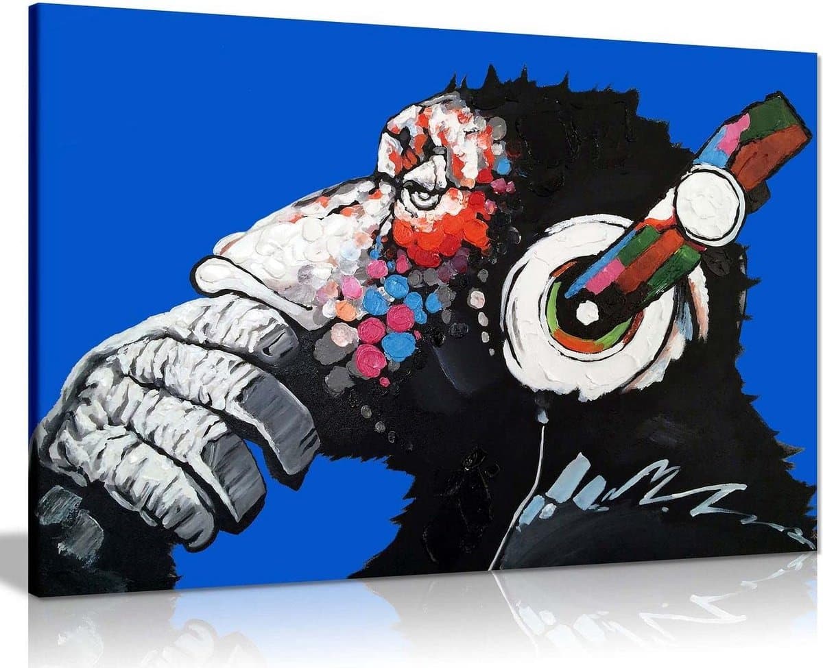 Canvas Schilderij Aap met DJ Koptelefoon - Wanddecoratie 61x41 cm - Kunst voor Woonkamer en Slaapkamer