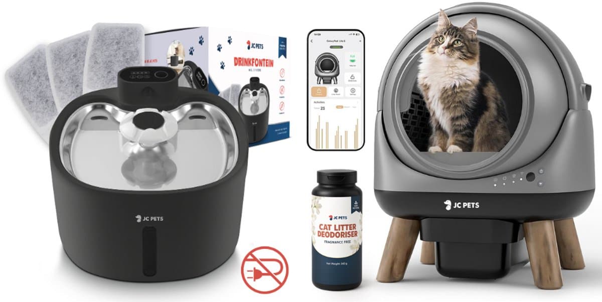 JC Pets Automatische Kattenbak XXL 65L met RVS Draadloze Drinkfontein incl. 3 Filters – Zelfreinigende Slimme & Stille Kattenbak met App – Uitloopmat & Geurverdrijver – Veiligheidssensoren – 8L Afvalbak – Geschikt voor Meerdere Katten – Modern Design