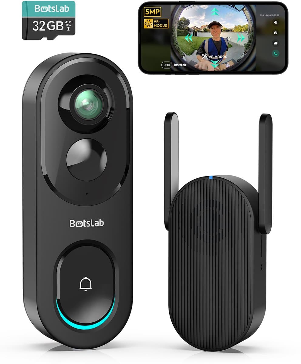 BOTSLAB 5 MP batterij deurbel met camera, draadloze videodeurbel met 1:1 hoofd tot voetweergave, 360° slimme video-deurbel met AI/radar/PIR-detectie, 2,4 GHz wifi, 2-weg audio, zonder maandelijkse