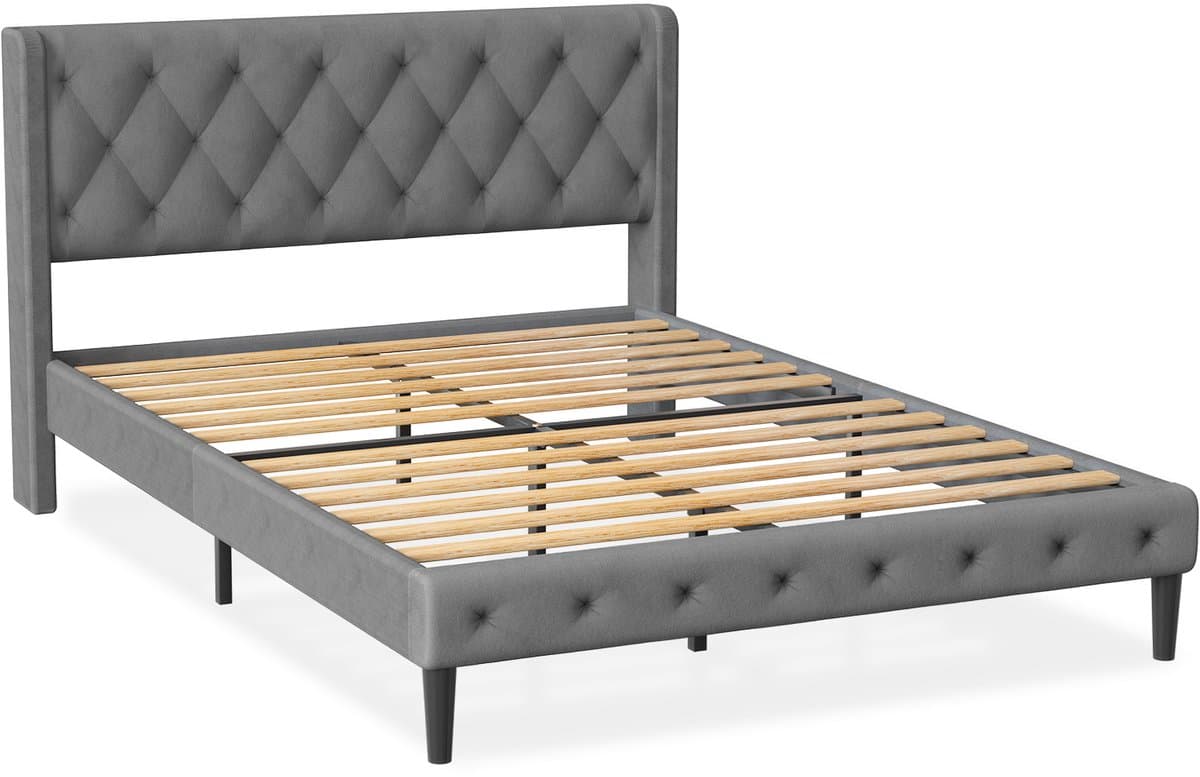 Elekiatech Bed - 140x200 cm Tweepersoonsbed - Met Luxe Fluwelen Hoofdbord - Verstevigd Stalen Frame - Massief Houten Lattenbodem - Draagvermogen 380 kg - Grijs/Beige