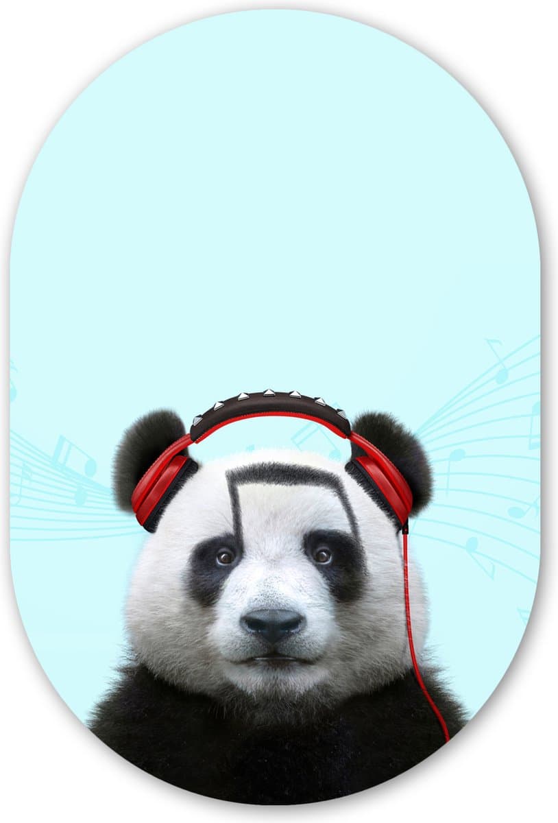 Muurovaal 40x60 cm - Ovale wanddecoratie Panda - Koptelefoon - Dier - Muzieknoten - Rood - Ovalen schilderij - Muurdecoratie woonkamer - Kamer decoratie - Schilderijen - Wandcirkel
