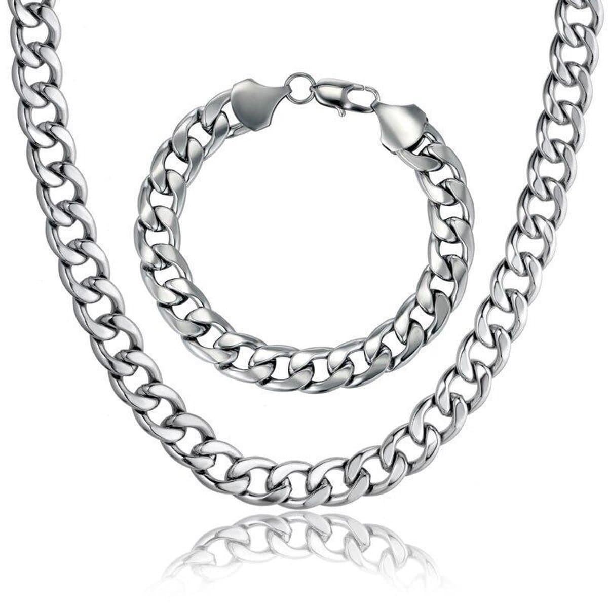 Ketting + Armband Set - Cuban Link - Zilver kleurig - 7mm - Kettingen Armbanden Sieraden Set Heren - Papa Cadeau Voor Mannen - Vaderdag