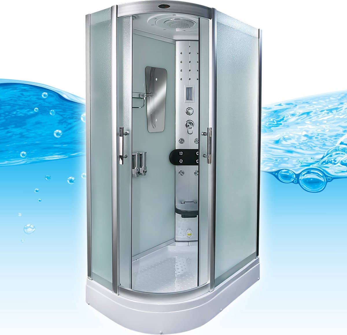 Complete Gesloten Douchecabine 120X80X215 Palma LINKS. MENGKRAAN. MAT GLAS. Luxe, Kit-Vrij, Wit, Veiligheidsglas, LED, Radio, Speakers, Zitje, Massage, Hoekmodel, Kwartrond, Schuifdeuren, Douchebak, Afvoer, Sifon, Full Options. Royal Sanitair