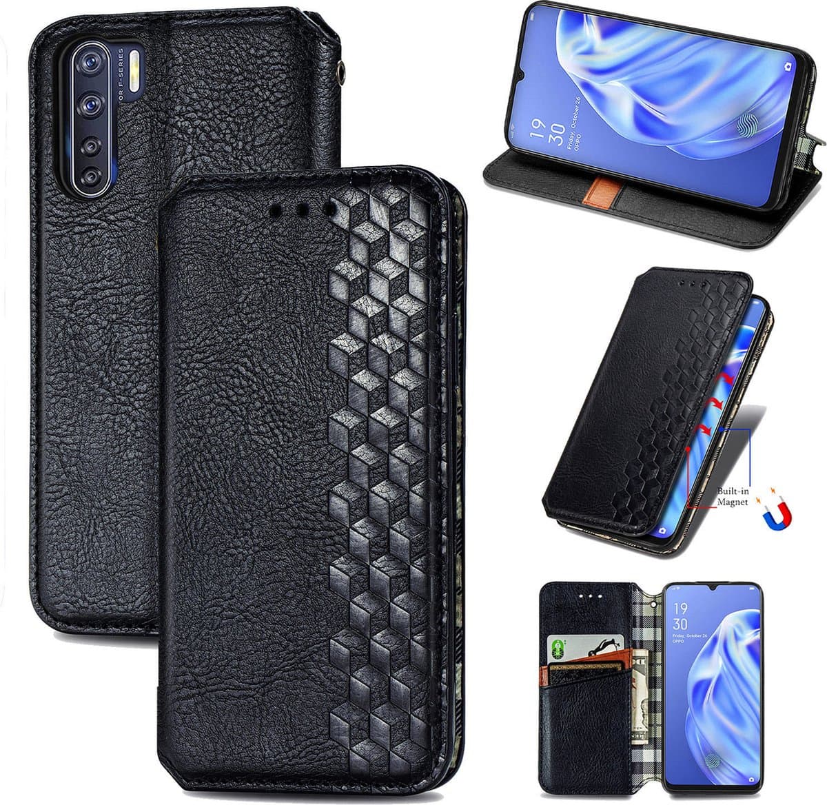 Luxe PU Lederen Ruitpatroon Wallet Case + PMMA Screenprotector voor OPPO A91 _ Zwart