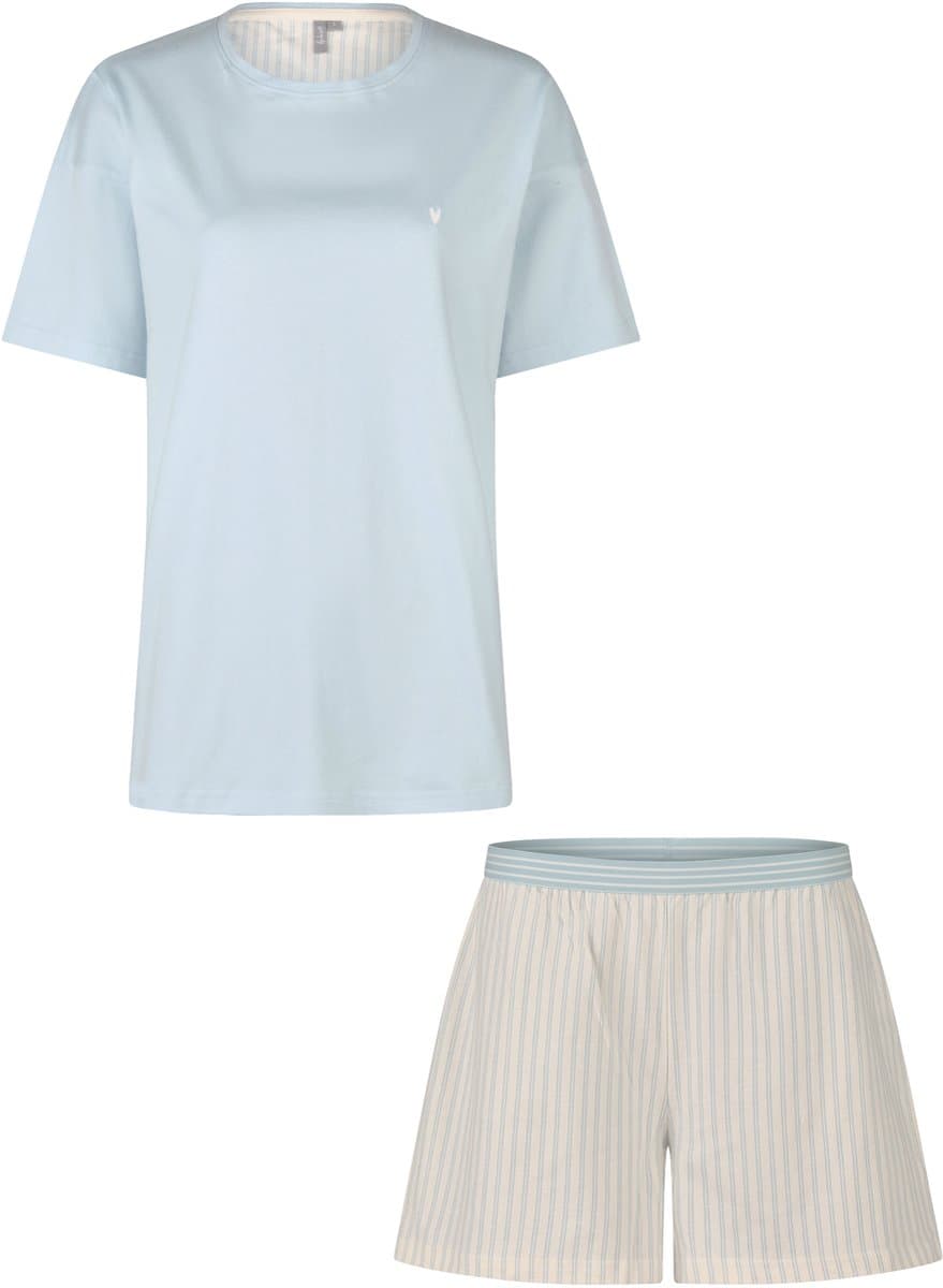 By Louise Dames Korte Pyjama Set Shortama Lichtblauw/Off-White Gestreept - Maat S