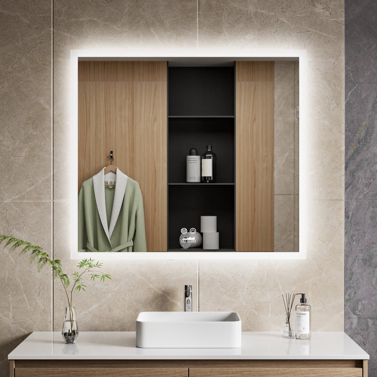 Cityline Badkamer Spiegel met verlichting en Verwarming - "Oristano" - 80 x 90 cm - LED & Anti-condens - Instelbare lichtkleur - Dimbaar - Touch bediening - Verlichting rondom