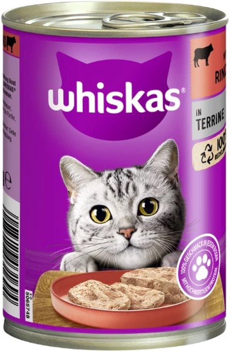 Whiskas Natvoer - Rundvlees in Terrine - Blik - 400g - Voor Katten 1+ - 24 Blikken
