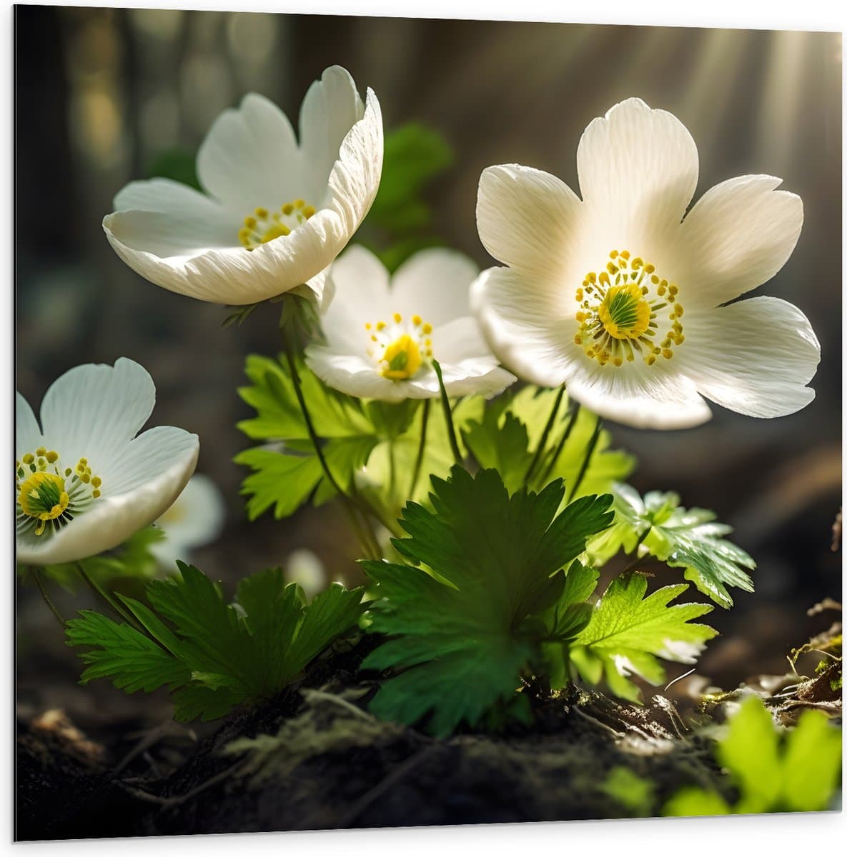 Dibond - Anemoon Bloemen in Bos met Zonnestralen - 100x100 cm Foto op Aluminium (Met Ophangsysteem)