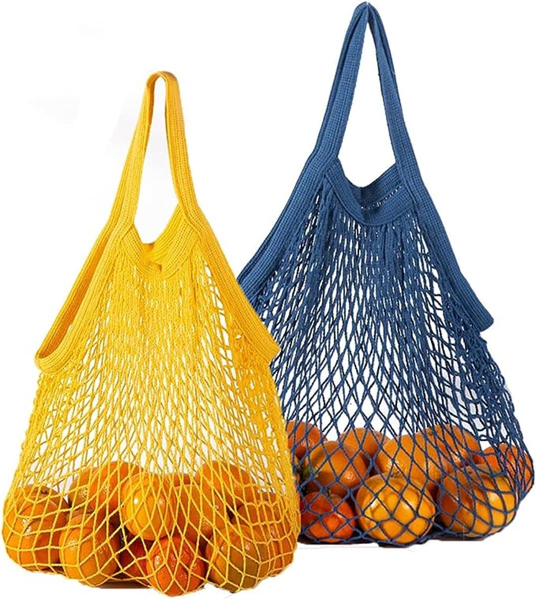 Boodschappennet, boodschappentas, 2 stuks, herbruikbaar, mesh, katoen, winkelen, draagtas, boodschappennet, organizer voor levensmiddelen, winkelen, outdoor, geel en blauw.kort handvat