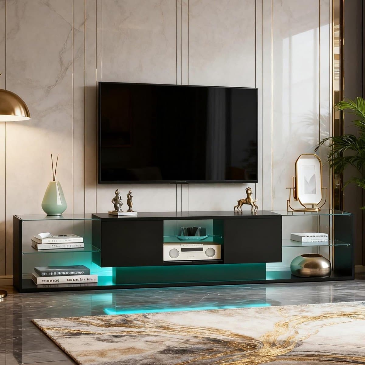 Modern Luxe LED TV-Meubel 200 cm met Opbergruimte en Glazen Details – TV Kast, TV Dressoir voor Woonkamer & Slaapkamer