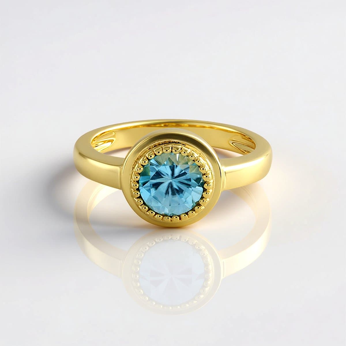 Cavill - Zilveren Ring 925 Sterling Verguld - Ratanakiri Zirkoon 0,945 ct - Blauwe Ronde Edelsteen 6 mm - Elegante Bezelzetting