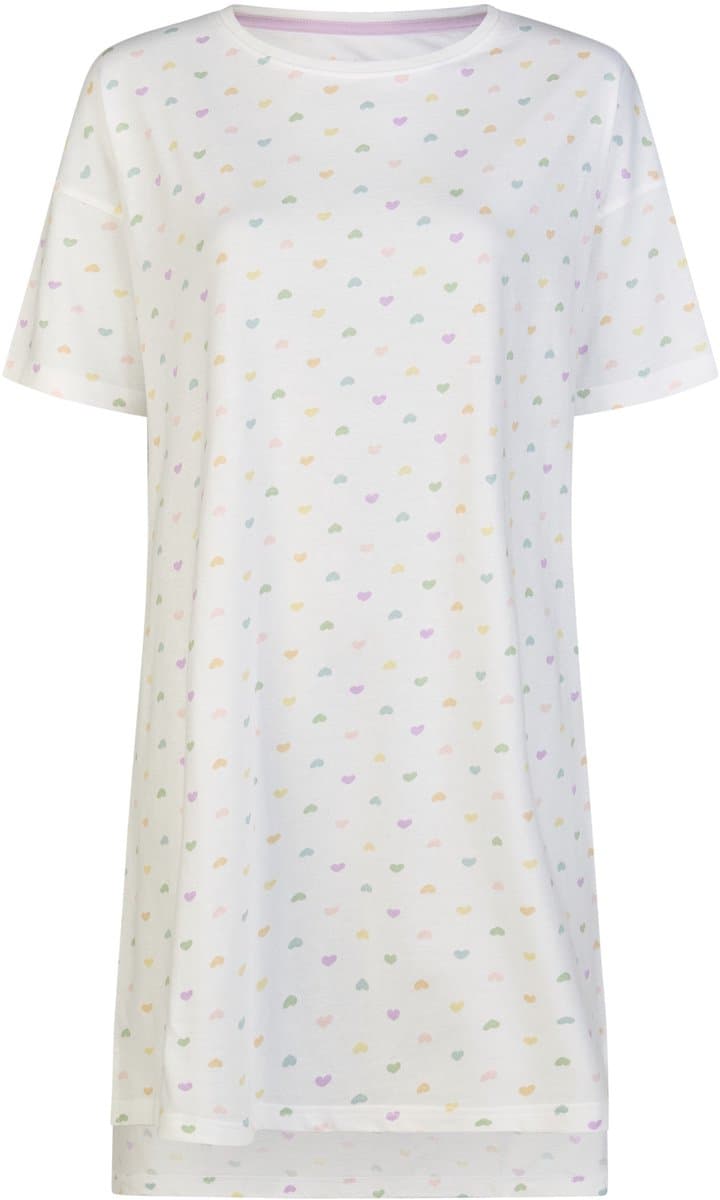 By Louise Dames Lang Nachthemd Korte Mouw Wit Hartjes Confetti - Maat XL