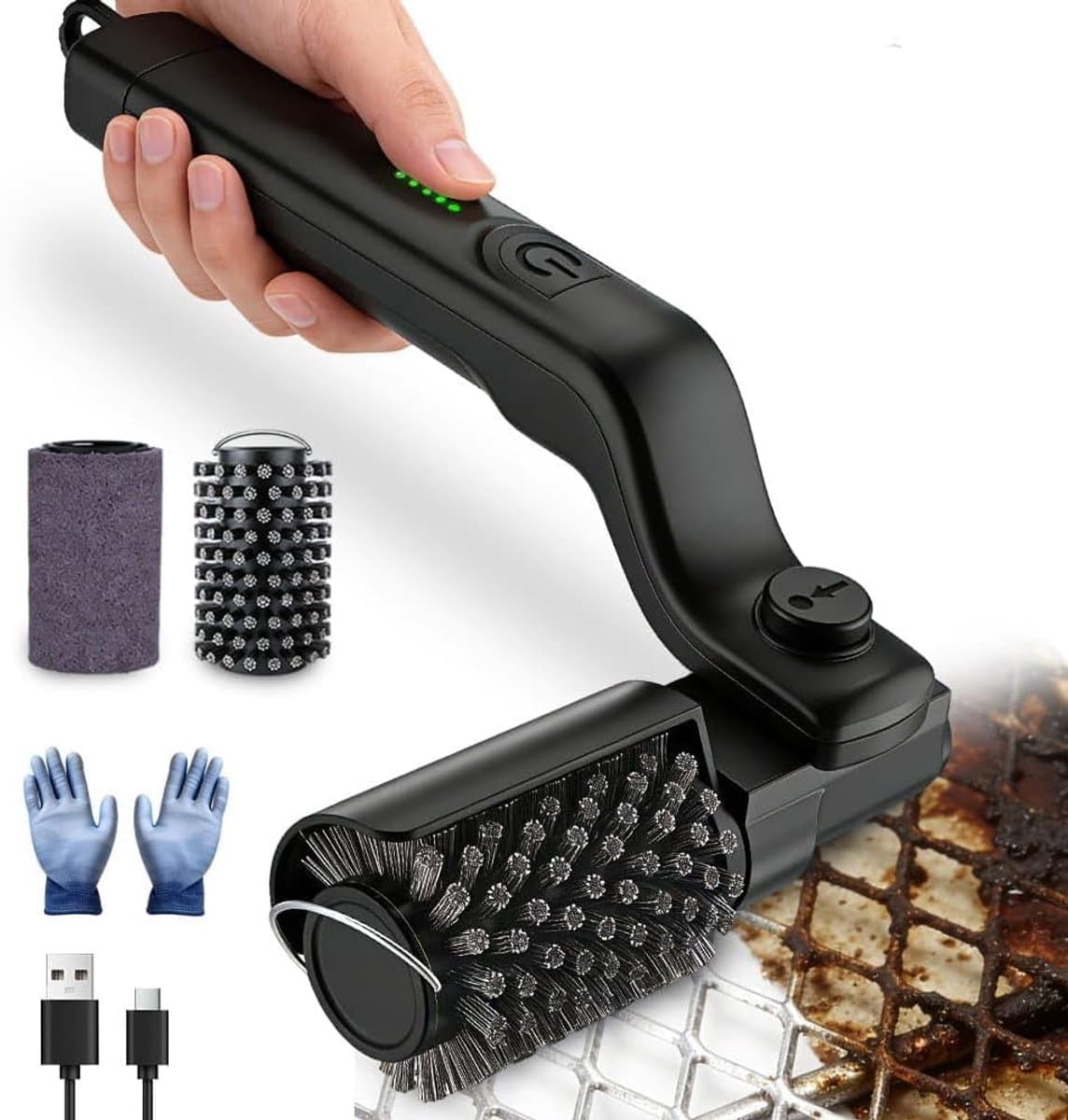 JeiibrZui Elektrische Grillborstel - 3 Snelheden - Verstelbare Kop 180° - RVS Borstel - Draadloos - IPX7 Waterdicht - Voor Alle Grills - Snelle Reiniging