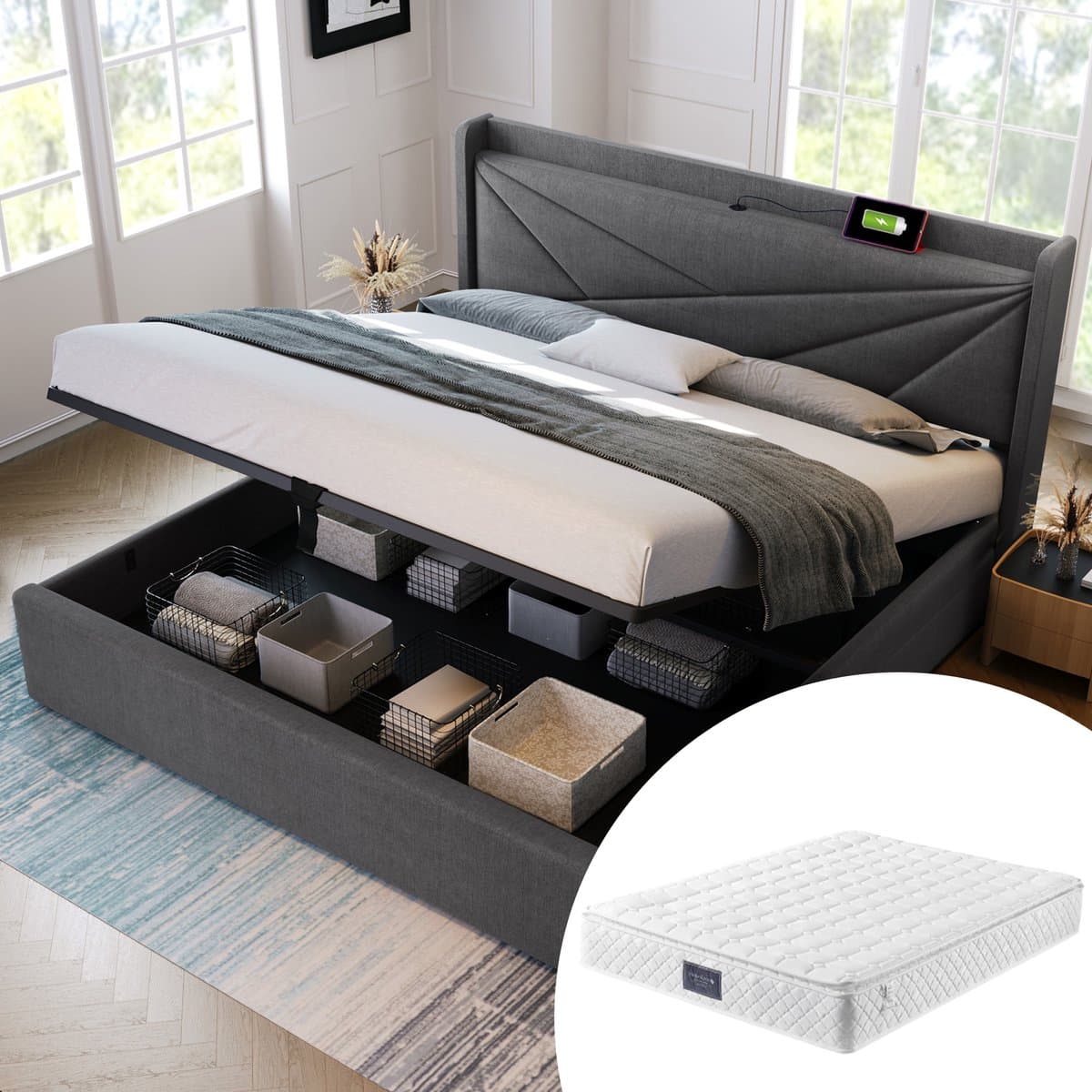 HAUSS SPOLE Gestoffeerd Bed 160x200 cm - Met USB en USB C, Opbergruimte en Lattenbodem - Met Matras - Katoenlinnen - Grijs