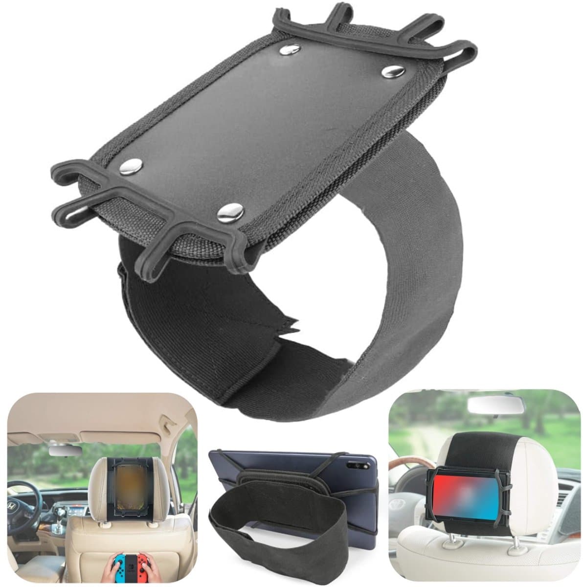 Autohouder – Tablethouder – Bevestiging voor hoofdsteun achterbank – Telefoonhouder voor in de auto – Klittenbandsluiting – 360° draaibaar – Voor tablets, mobiele telefoons, spelconsoles (18 x 12,5 cm – Zwart)