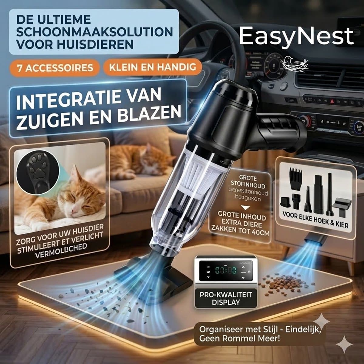 Dierenhaar Verwijderaar & Handstofzuiger – USB Oplaadbare Draadloze Kruimeldief met Zuig- en Blaasfunctie – Voor Hondenhaar, Kattenhaar, Bank, Auto & Tapijt