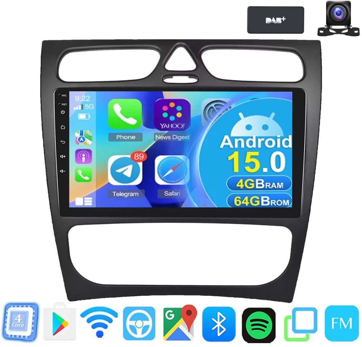 ESSGOO CarPlay autoradio geschikt voor Mercedes Benz CLK W209 C-Klasse W203 - Android 15 - 4GB + 64GB - Draadloos Apple Carplay & Android Auto - Bluetooth & Wifi GPS Navigatie - Achteruitrijcamera - DAB+