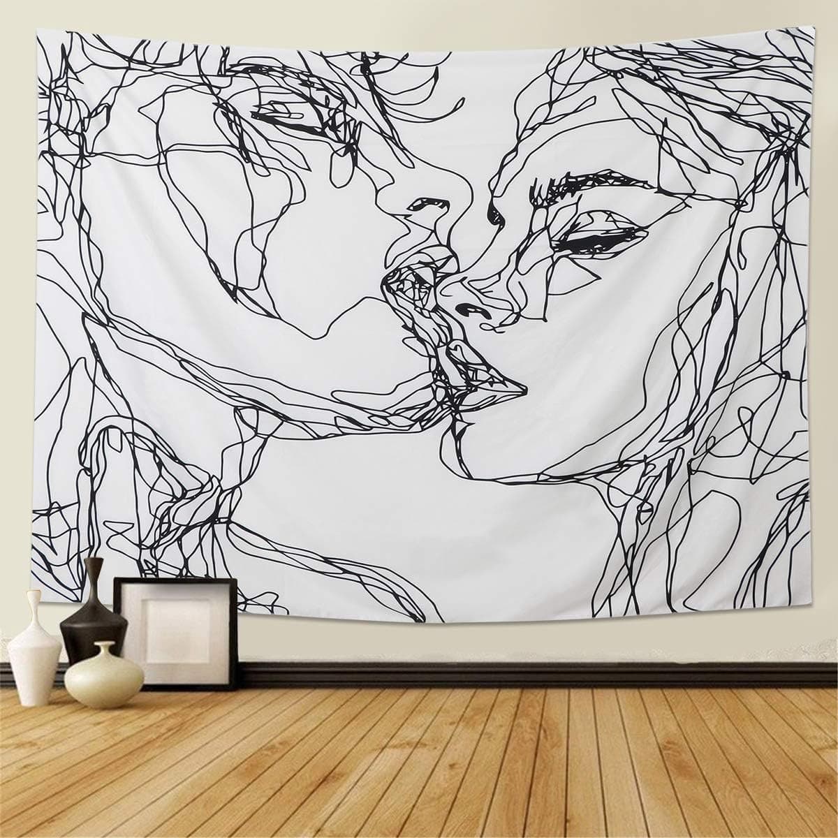 JeiibrZui Abstracte Schets Kunst Wandkleed - Zwart Wit Kussende Geliefden - 130x150cm - 1 Stuk - Veelzijdige Decoratie voor Slaapkamer en Woonkamer