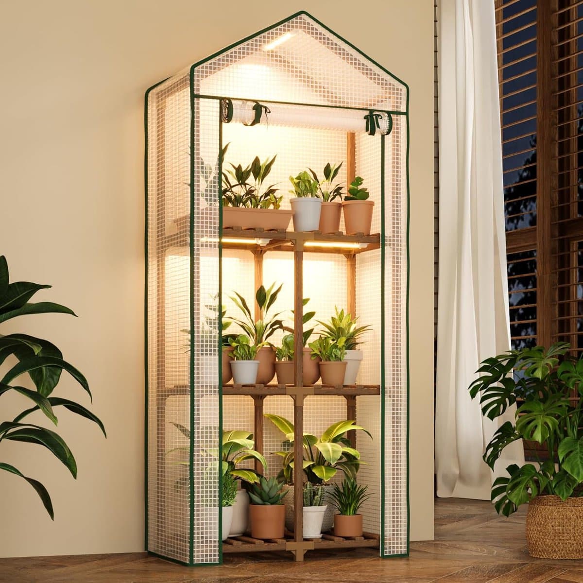 Mini Kas met Groeiverlichting - Plantenrek - 3-Laags - Kweekkas met Groeilampen - Draagbaar Warmtehuis - PE Deksel - Compacte Kas voor Binnen & Buiten - Terras & Balkon - Boho Decoratie - Herbruikbaar - Kweekrek voor Potplanten - Hout