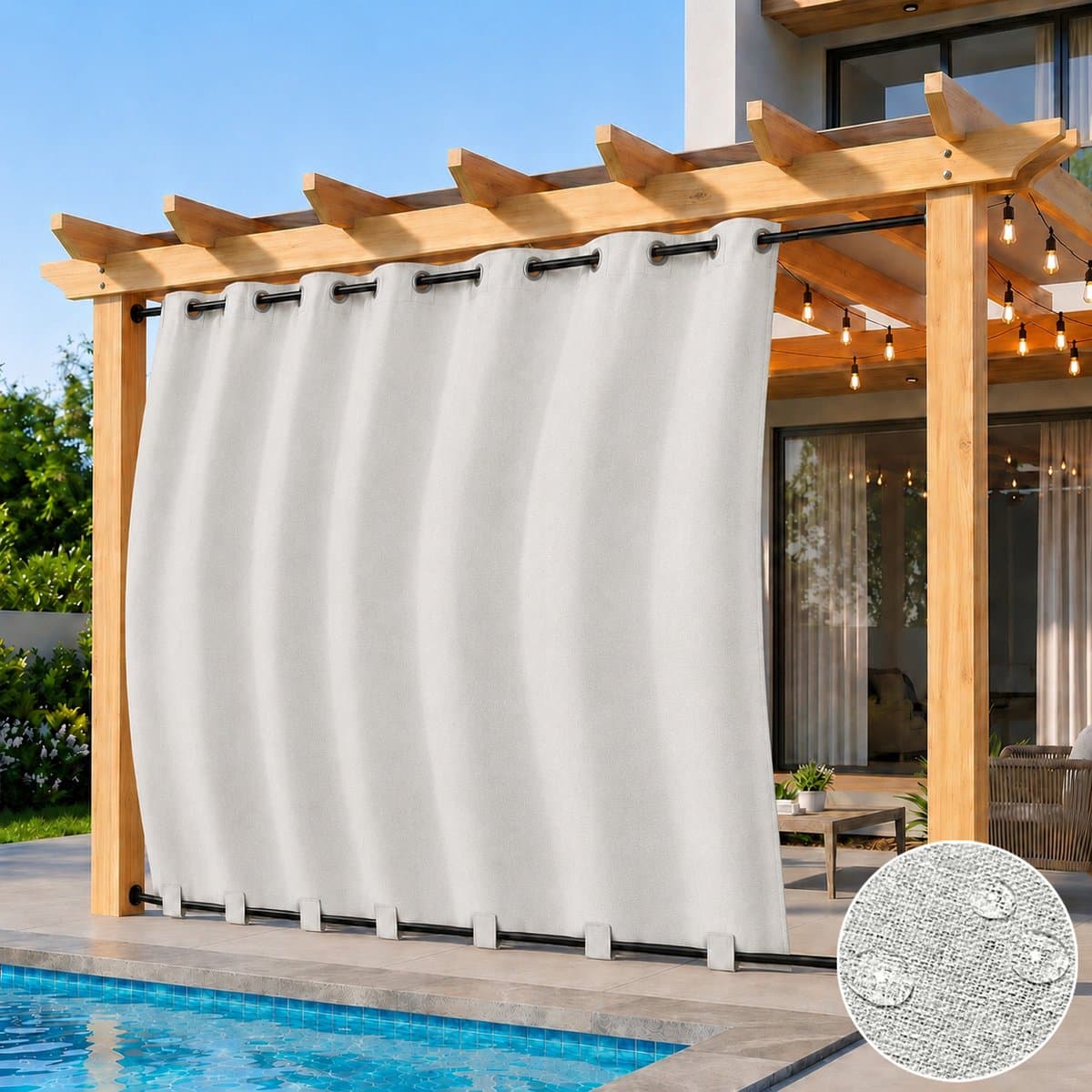 Qelus 2 Stuks Linnenlook Buitengordijnen met Ringen en Verborgen Lussen - 254x214 cm - Waterdicht Buitengordijn voor Overkapping - Verduisterend en Winddicht Outdoorgordijn - Linnen Structuur - Grijsachtig wit