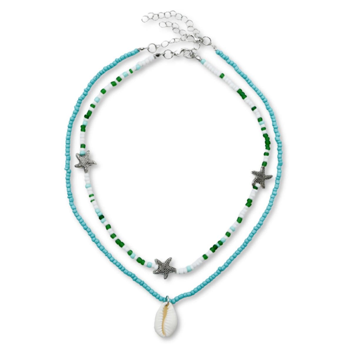 Marama - Dubbele Ketting Beach Turquoise - natuurlijke kralen - zomerse look - zilver plated - schelp - zeesterren - met extender