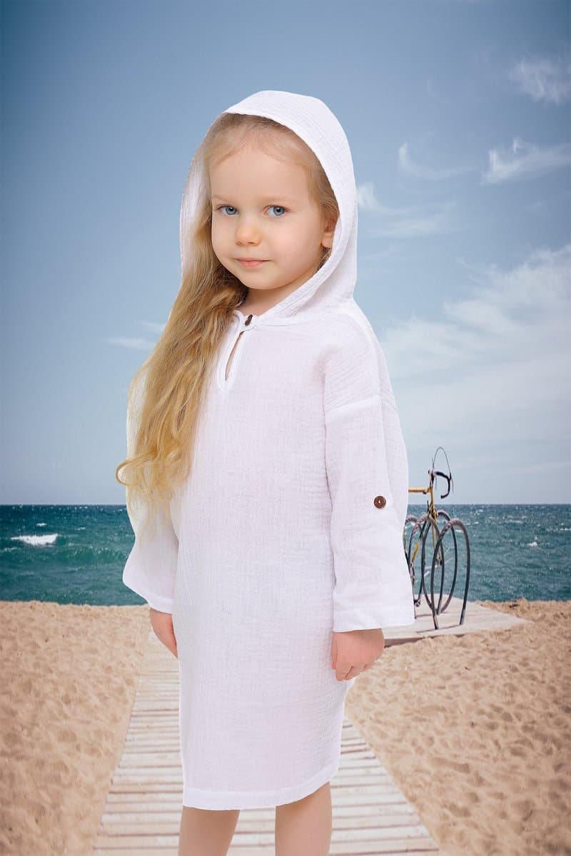 RobyKris Kids Zwemponcho met capuchon - Katoenen mousseline - Wit - Maat 104-110