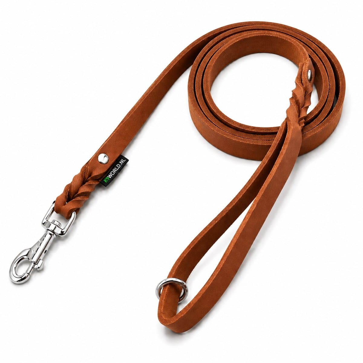 K9World by van der Veeke, Leren Hondenriem met Handvat – 18 mm – 1,5 meter lang - Cognac Bruin Chroomleder – Handgemaakt – Stevige Verchroomde Musketonhaak