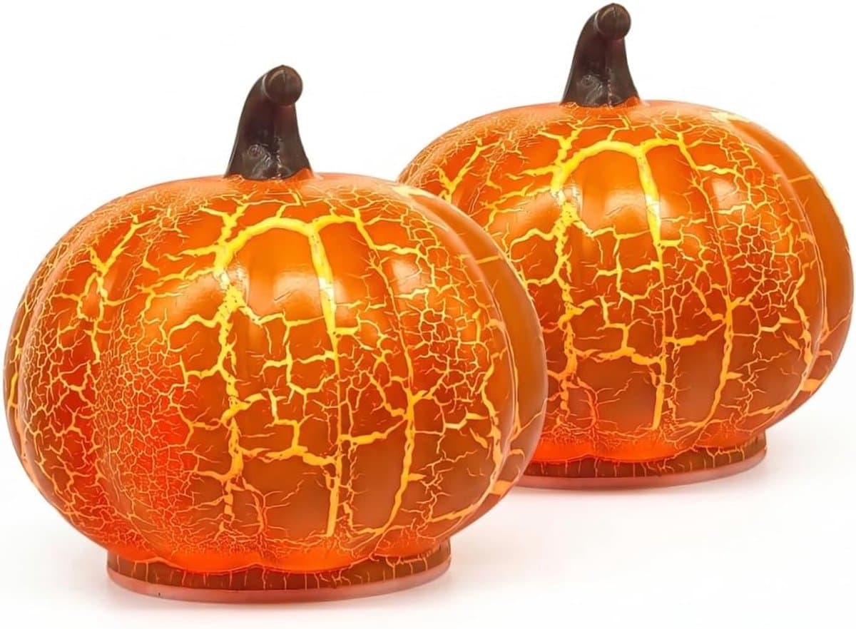 Pompoenlampjes - 2-delige Set Oranje Crackle Finish Pompoenverlichting - Halloween Glow Decoratie - Tafeldecoratie en Feestaccessoire - Formaat 7.5x6.8 cm - Oranje - 2 Stuks
